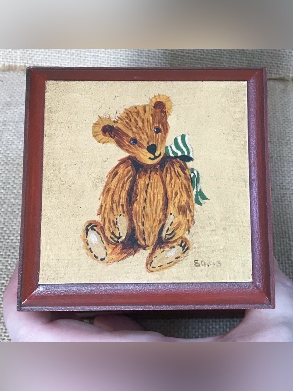 Hand Painted Teddy Bear Wood Box Trinket Jewelry Holder Rustic Cottagecore